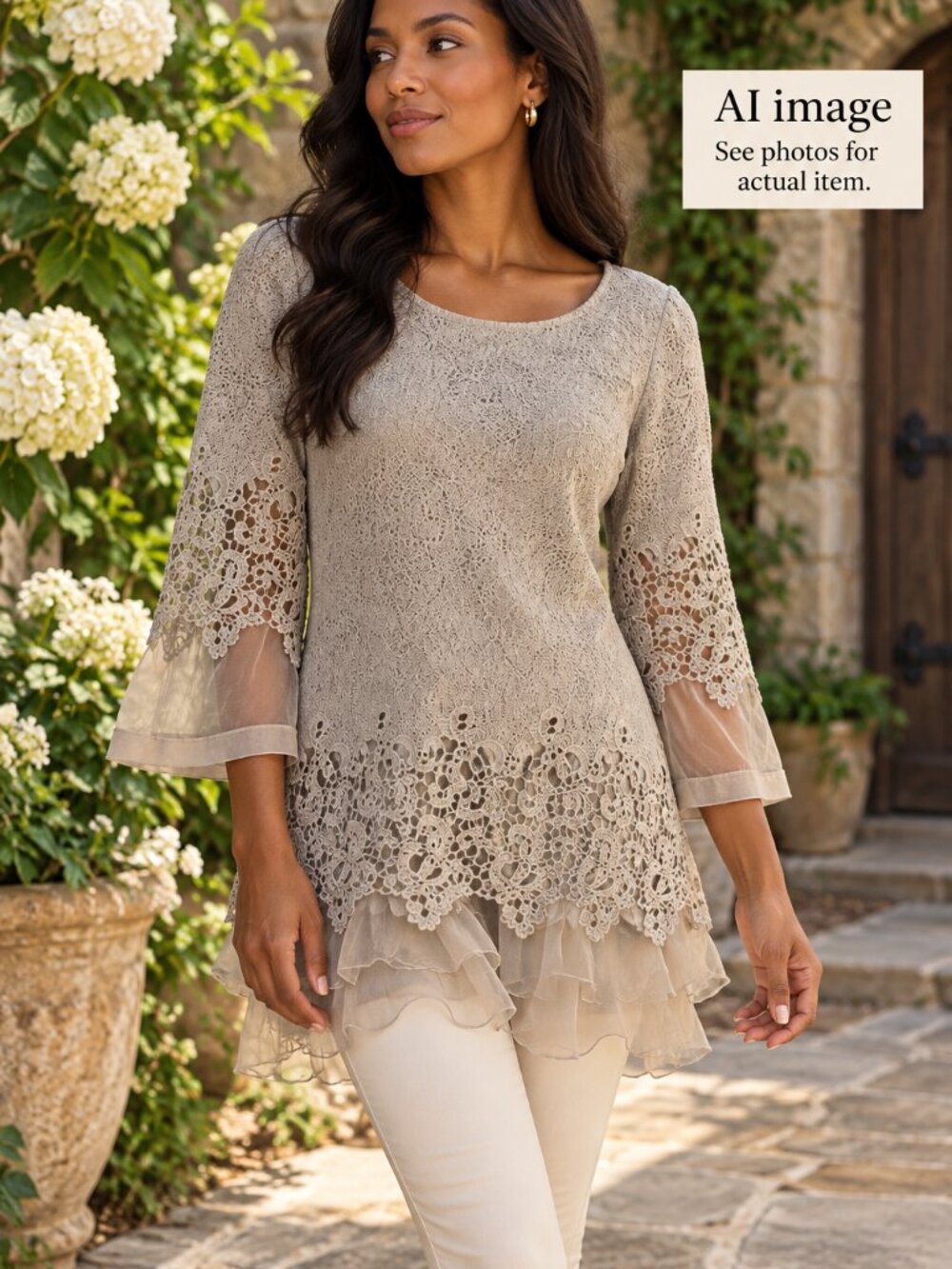 Lace Overlay Tiered Hem Blouse in Light Gray NWOT
